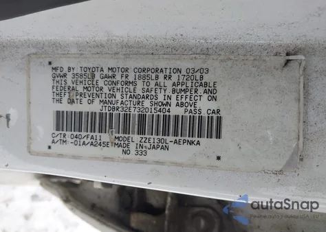 2003 Toyota Corolla Le z USA, uszkodzony, nr VIN JTDBR32E732015404